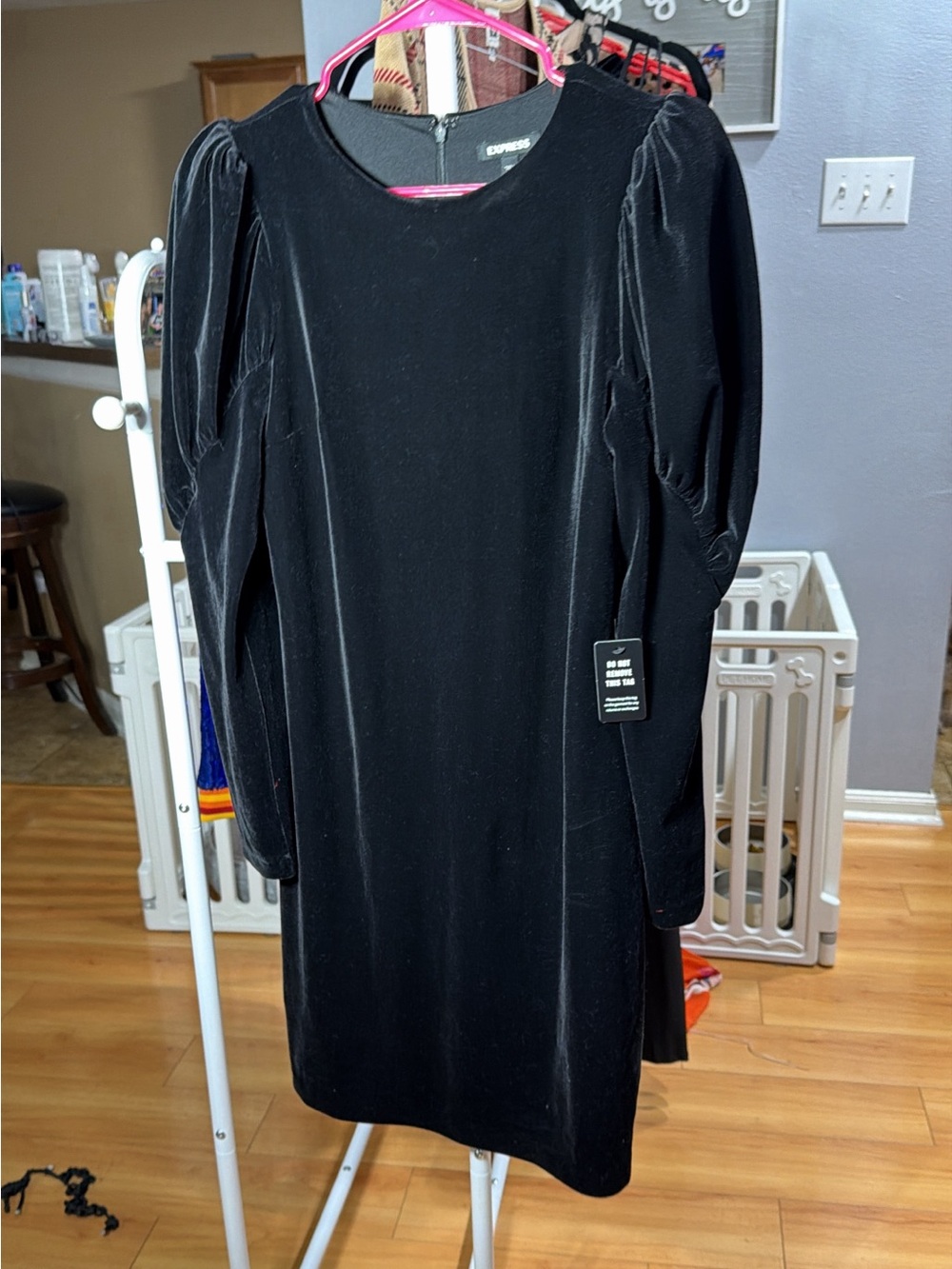 Brand New Express Black Velvet Puff-Sleeve Dress -